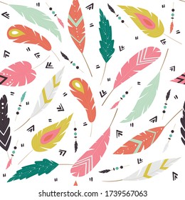 Seamless vector pattern with colorful feathers. Bohemian, ethnic style pattern