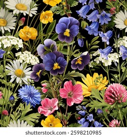 Seamless vector pattern with colorful field flowers isolated on a changeable background. Vintage painting style illustration.