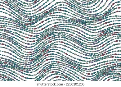 Seamless vector pattern with colorful fish swimming one after another. A school of fish on the waves like beads on a white background. Wavy marine life print