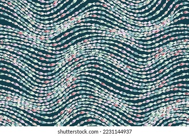 Seamless vector pattern with colorful fish swimming one after another. A school of fish on the waves like beads on a dark background. Wavy marine life print