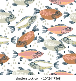 Seamless vector pattern with colorful fishes in scandinavian minimalist modern style.