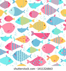 Seamless vector pattern with colorful fishes. Kids theme background.