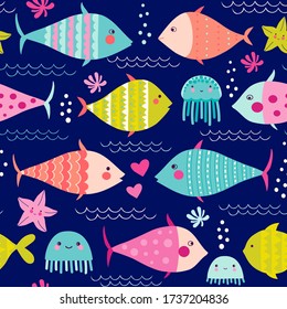 Patrón vectorial sin foco con peces coloridos, estrellas del mar y medusas en un fondo oscuro.