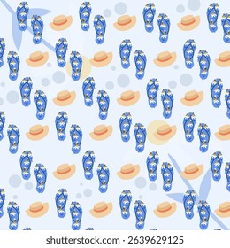 Seamless vector pattern with colorful flip flops and hats. Texture with flip flops and hats. Fashionable background. Illustration vector