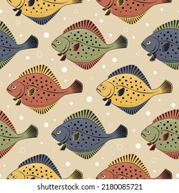 Seamless vector pattern of colorful flounder fishes