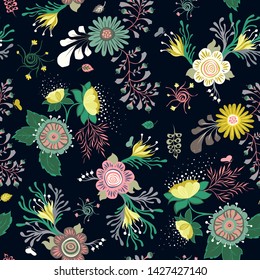 seamless vector pattern with colorful flowers and plants. abstract hand drawn floral buds on light background. fairytale wallpaper