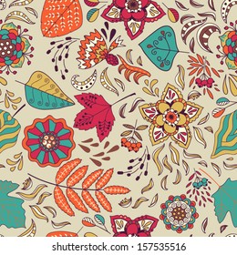 Seamless vector pattern with colorful flowers, leaves and berries.