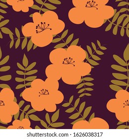 Seamless vector pattern of colorful flowers with leaves on blue background