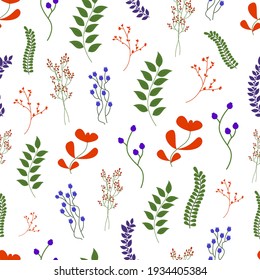 Patrón vectorial sin foco con flores y hojas coloridas. El fondo de contraste brillante se puede usar para papeles pintados, textiles, papel de artesanía, papel de envoltura.