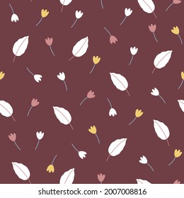 Seamless vector pattern with colorful flowers and leaves on a plum background