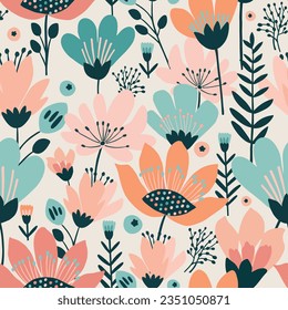 Patrón vectorial sin foco con flores coloridas en un estilo plano sobre un fondo claro.	
