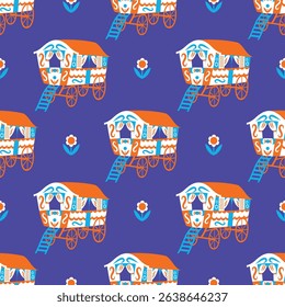 Seamless vector pattern of colorful folk-style vardos with floral details and bright accents on a purple background. Great for storybook themes and bohemian surface designs.