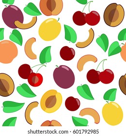 Seamless vector pattern. Colorful fruits and slices of plums, cherries, peaches and leaves.