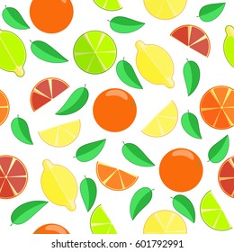 Seamless vector pattern. Colorful fruits and slices of oranges, limes, lemons and leaves.