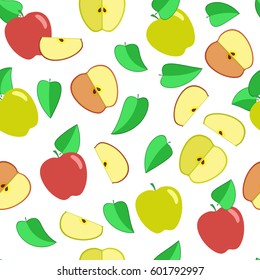 Seamless vector pattern. Colorful fruits and slices of different colored apples with leaves.