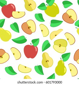 Seamless vector pattern. Colorful fruits and slices of different colored apples and pears with leaves.