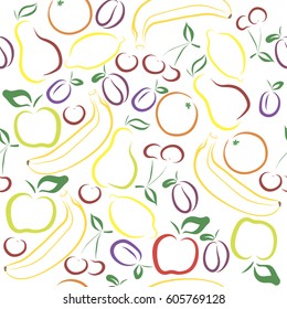 Seamless vector pattern. Colorful fruits with leaves.