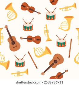 Padrão de vetor perfeito com instrumentos musicais divertidos coloridos.