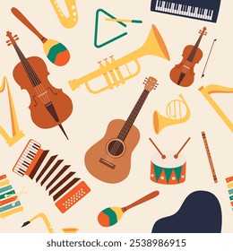 Seamless vector pattern with colorful fun musical instruments.