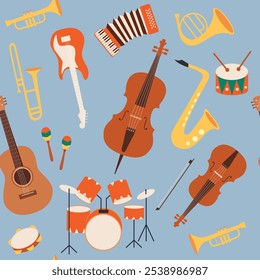 Seamless vector pattern with colorful fun musical instruments.