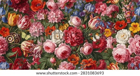 Seamless vector pattern with colorful garden flowers and butterflies isolated on a changeable background. Vintage vector illustration in the style of traditional Dutch floral painting.