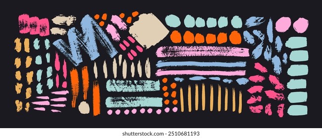 Seamless vector pattern with colorful geometric motives in retro style. Abstract geometric decorative background. Hand drawn square,  circle, curved round lines. Colorful wide brush strokes. 