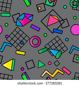 Seamless vector pattern with colorful geometric shapes in memphis style. Bright colors,grey background.