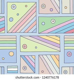 Seamless vector pattern. Colorful geometrical hand drawn background with rectangles, squares, dots. Print for background, wallpaper, packaging, wrapping, fabric.