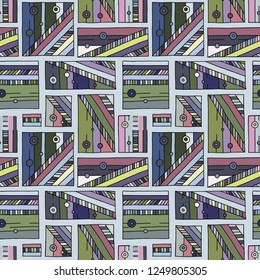 Seamless vector pattern. Colorful geometrical hand drawn background with rectangles, squares, dots. Print for background, wallpaper, packaging, wrapping, fabric.