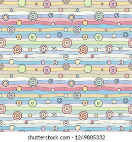 Seamless vector pattern. Colorful geometrical hand drawn background with horizontal lines and dots. Simple print for background, wallpaper, packaging, wrapping, fabric.