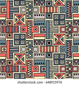 Seamless vector pattern. Colorful geometrical background with hand drawn decorative tribal elements. Print with ethnic, folk, traditional motifs. Graphic vector illustration.