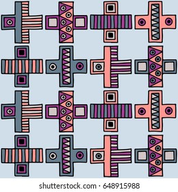 Seamless vector pattern. Colorful geometrical background with hand drawn decorative tribal elements. Print with ethnic, folk, traditional motifs.