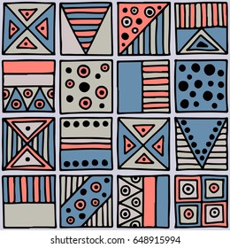 Seamless vector pattern. Colorful geometrical background with hand drawn decorative tribal elements. Print with ethnic, folk, traditional motifs. Graphic vector illustration.