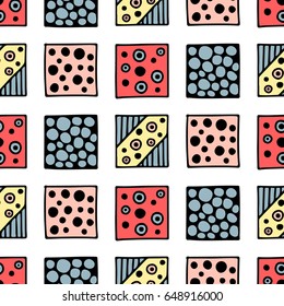 Seamless vector pattern. Colorful geometrical background with hand drawn decorative tribal elements. Print with ethnic, folk, traditional motifs. Graphic vector illustration.