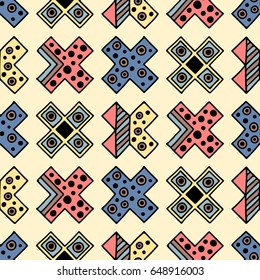 Seamless vector pattern. Colorful geometrical background with hand drawn decorative tribal elements. Print with ethnic, folk, traditional motifs. Graphic vector illustration.