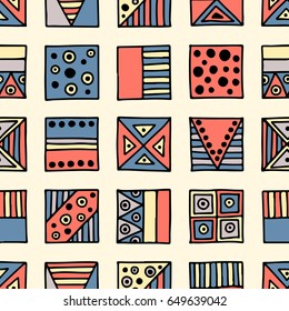 Seamless vector pattern. Colorful geometrical background with hand drawn decorative tribal elements. Print with ethnic, folk, traditional motifs. Graphic vector illustration.
