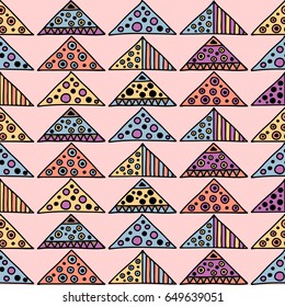 Seamless vector pattern. Colorful geometrical background with hand drawn decorative tribal elements. Print with ethnic, folk, traditional motifs. Graphic vector illustration.