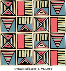 Seamless vector pattern. Colorful geometrical background with hand drawn decorative tribal elements. Print with ethnic, folk, traditional motifs. Graphic vector illustration.