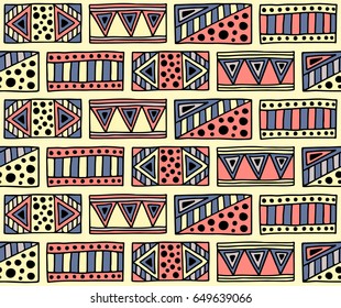 Seamless vector pattern. Colorful geometrical background with hand drawn decorative tribal elements. Print with ethnic, folk, traditional motifs. Graphic vector illustration.