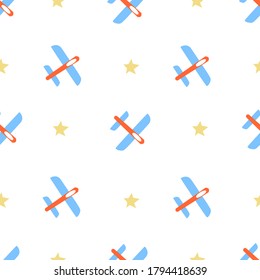 Patrón vectorial sin brillo con deslizadores coloridos y estrellas sobre fondo blanco aislado. Ilustración de dibujos animados abstractos con vuelo en los aviones del cielo sobre fondo blanco aislado. Arte plano