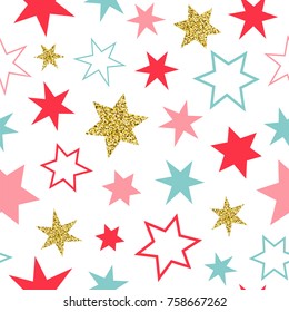 Seamless vector pattern with colorful and golden stars on the white background.