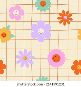 Seamless vector pattern with colorful groovy flowers and smiling faces. 70s, 80s, 90s vibes plaid background. Abstract daisy and camomile emoji on squares. Vintage nostalgia elements