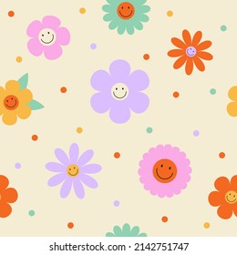 Seamless Vector Pattern With Colorful Groovy Flowers And Smiling Faces. 70s, 80s, 90s Vibes Polka Dot Background. Abstract Daisy And Camomile Emoji. Vintage Nostalgia Elements