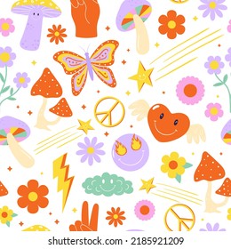 Seamless Vector Pattern With Colorful Groovy Elements. 70s, 80s, 90s Vibes Funky Background. Retro Texture For Wallpaper, Wrapping Paper, Textile And Other Designs