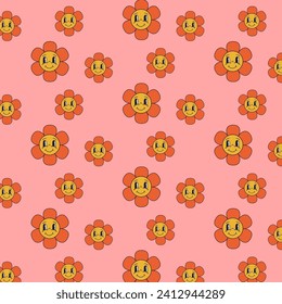 Seamless vector pattern with colorful groovy flowers and smiling faces, flowers for prints, posters, wrapping paper,backgrounds, wallpaper, scrapbooking, textile, kids fashion, stationary