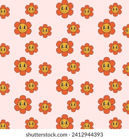 Seamless vector pattern with colorful groovy flowers and smiling faces, flowers for prints, posters, wrapping paper,backgrounds, wallpaper, scrapbooking, textile, kids fashion, stationary

