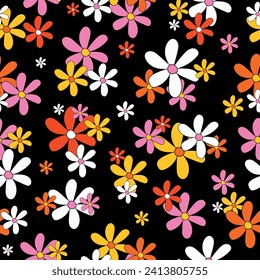 Seamless vector pattern with colorful groovy daisy flowers. Groovy 70s seamless patterns with daisy flowers. Hippy texture for wrapping paper, surface design, textile print. Y2k aesthetic.