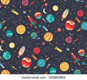 Seamless vector pattern with colorful hand drawn spaceships, planets and stars. Astronomy themed pattern for wallpaper, textiles, kids prints. Schools and science design.