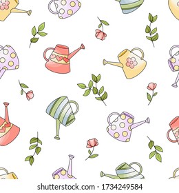 Patrón vectorial sin foco con coloridas latas de agua, plantas y flores dibujadas a mano. Textura gráfica para el paquete, etiqueta, papel envolvente, tarjeta, regalo, tela, impresión, banner, papel tapiz, publicidad, web.