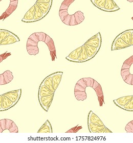 Seamless vector pattern of colorful hand drawn shrimps and lemon slices on pastel yellow background